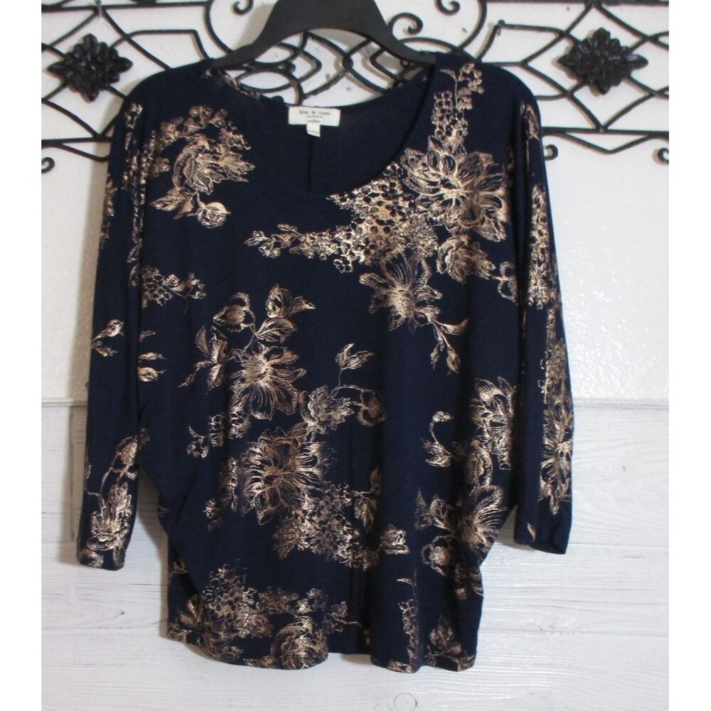 Anthropologie Kim & Cami Women's Top Size M Long Sleeve Navy Blue Floral